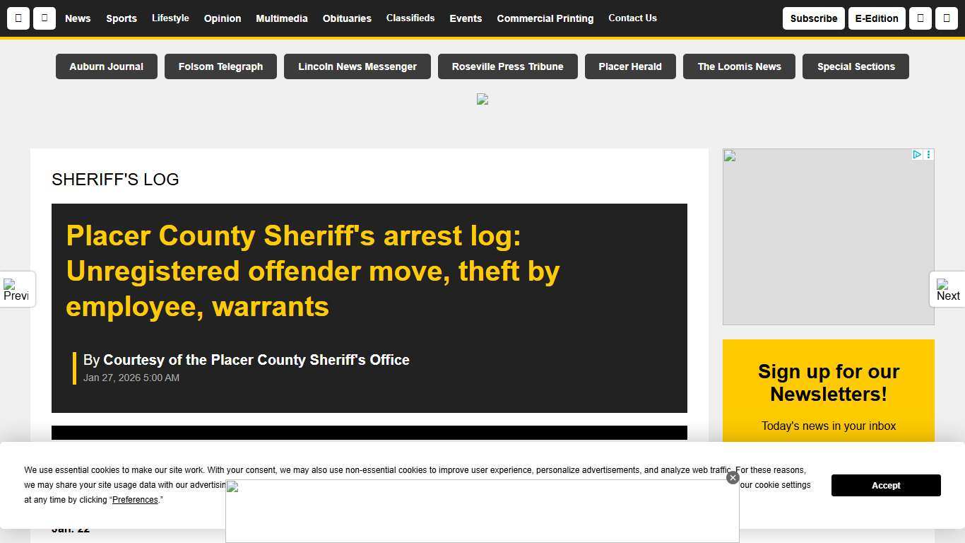 Placer County Sheriff's arrest log: Unregistered offender move, theft by employee, warrants Gold Mountain California News